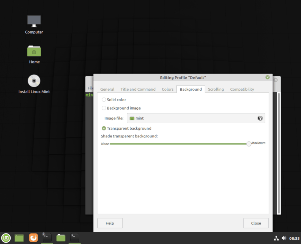 Cara menonaktifkan latar belakang terminal transparan di Linux Mint