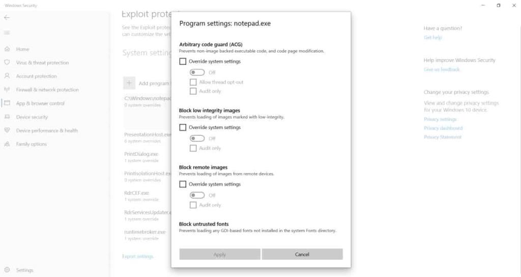 Como excluir um aplicativo do Exploit Protection no Windows 10