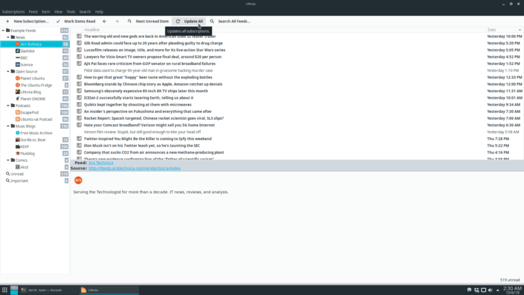 วิธีใช้ Liferea RSS Reader บน Linux