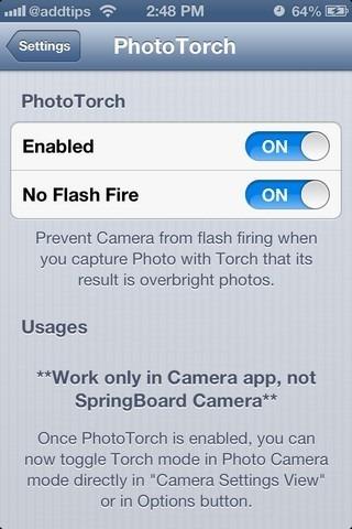 Adicionar modo de tocha e controle de intensidade de flash ao aplicativo de câmera do iPhone com PhotoTorch