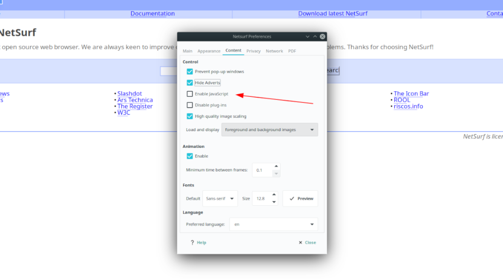 Cara mengatur browser NetSurf di Linux