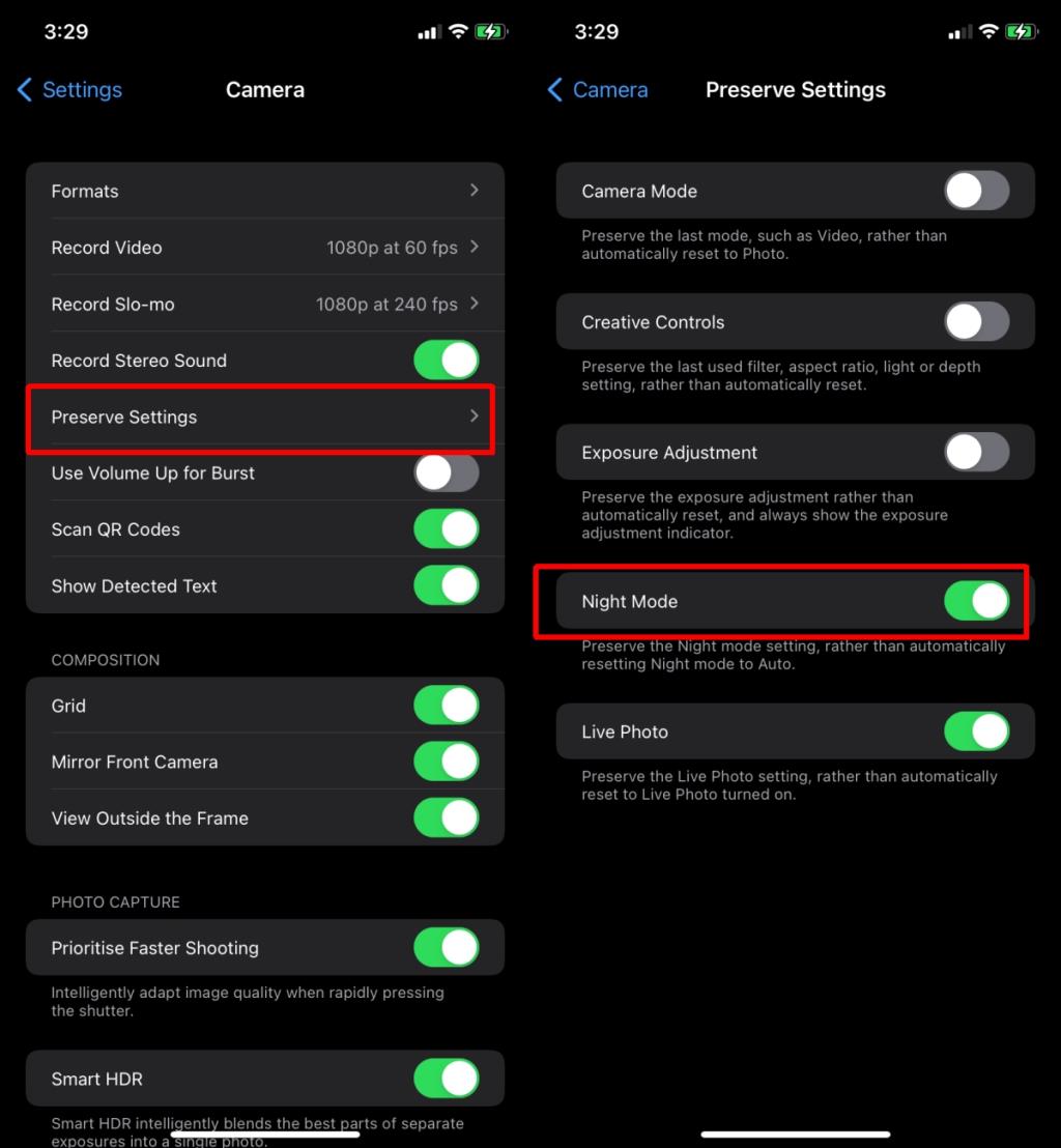 Cómo deshabilitar el modo nocturno en la cámara del iPhone