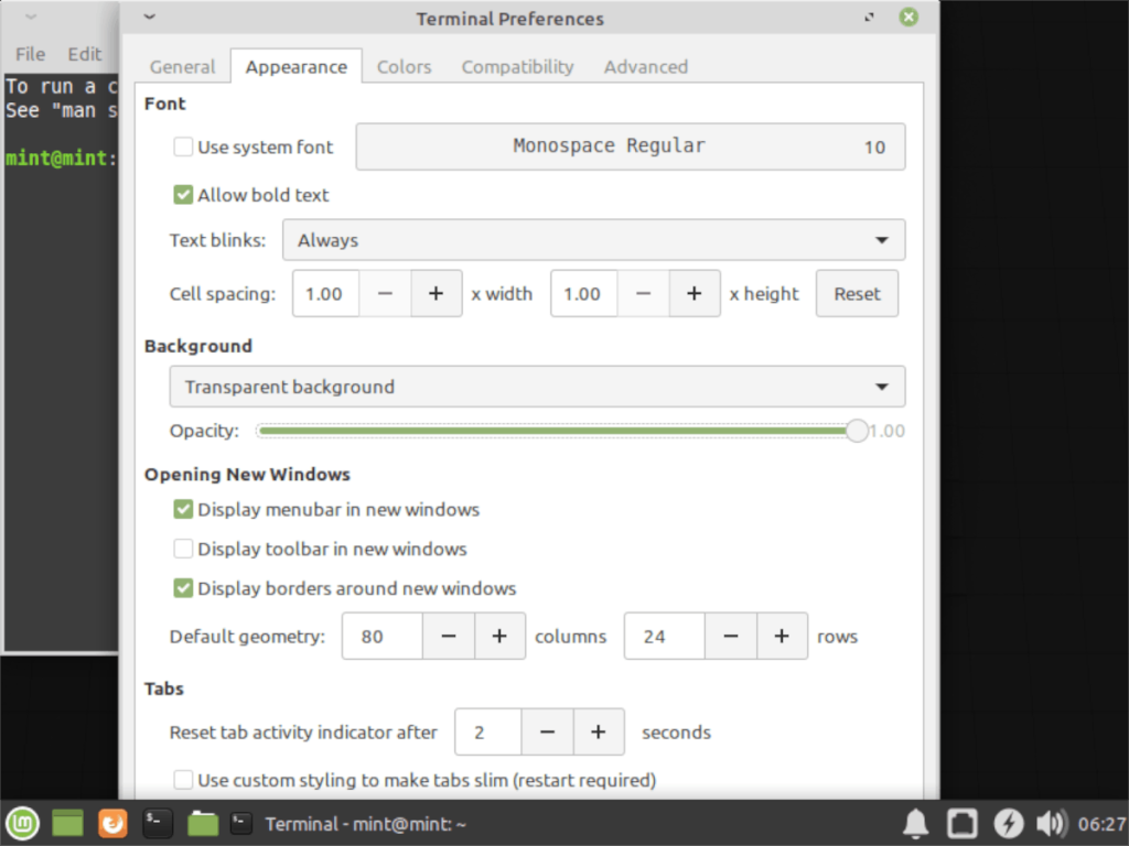 วิธีปิดการใช้งานพื้นหลังเทอร์มินัลโปร่งใสใน Linux Mint