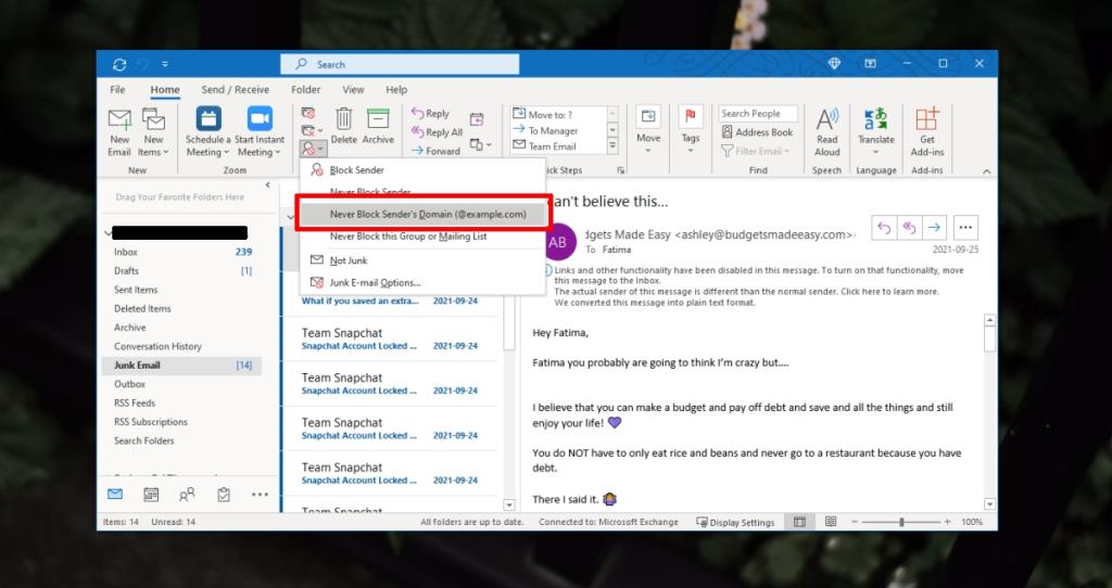 Como consertar o Outlook continua enviando e-mails para a pasta de lixo eletrônico ou spam