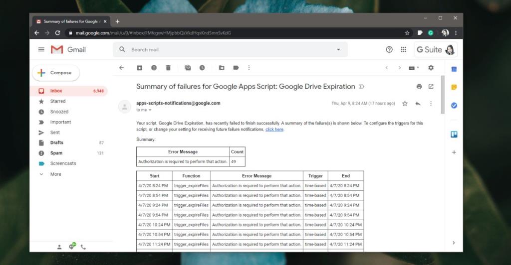 Como impedir e-mails de falhas de Script do Google Apps