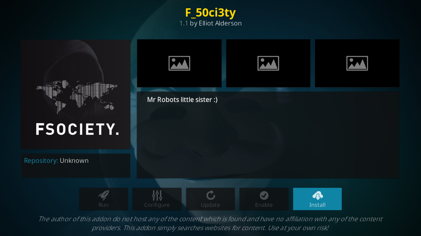 Alat tambah F_50ci3ty (Fsociety) untuk Kodi — Pemasangan dan Ciri