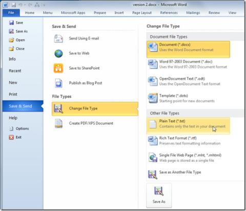 Cambia il tipo di file del documento Word 2010