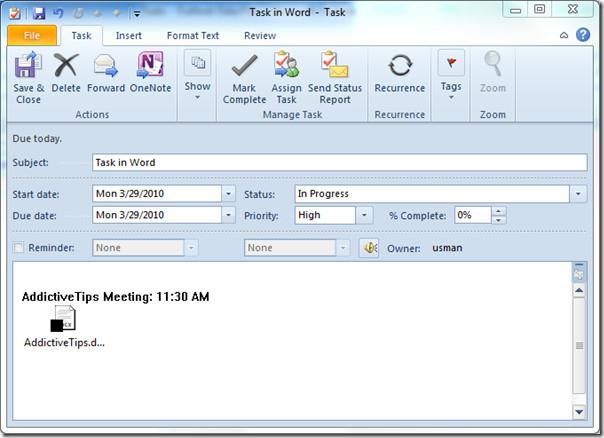 從 Word 2010 新增和建立 Outlook 2010 任務