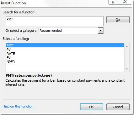 Función PMT (Pago) de Excel 2010