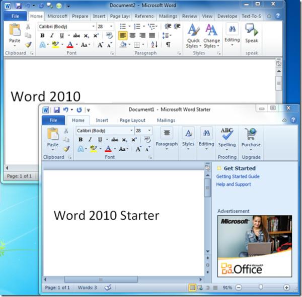 Confronto tra Office 2010 e Office Starter 2010