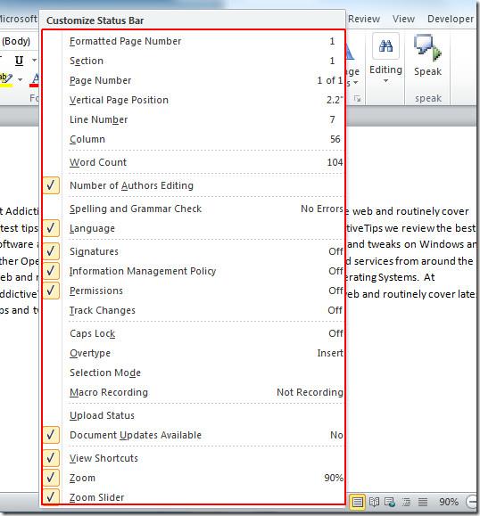 Hinzufügen von Informationen in der Statusleiste von Word 2010