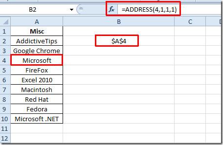 Excel 2010: Función de dirección