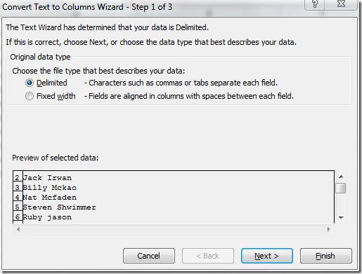 Excel 2010: Dividi i dati della colonna in due [Analizza celle]