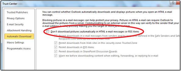 Outlook 2010: Descargar imágenes automáticamente