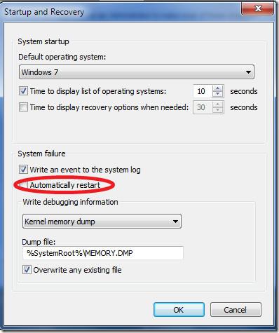 منع إعادة تشغيل Windows 7 تلقائيًا بعد فشل النظام
