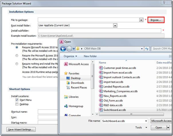Access 2010: Windows インストーラー パッケージ ソリューション ウィザード