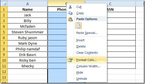 Excel 2010: إضافة أرقام الهاتف القياسية وأرقام الضمان الاجتماعي (SSNs) Excel 2010: إضافة أرقام الهاتف القياسية وأرقام الضمان الاجتماعي (SSNs)