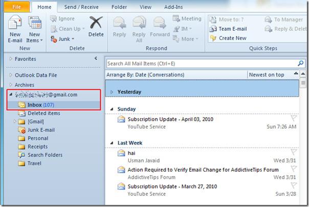 使用 IMAP 收件匣資料夾啟動 Outlook 2010