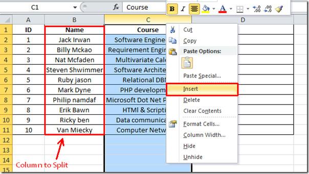 Excel 2010: Dividi i dati della colonna in due [Analizza celle]
