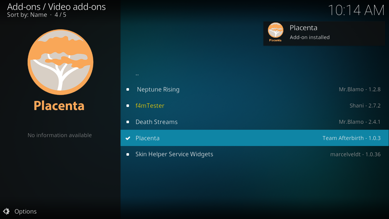 Placenta Kodi-add-on, de nieuwste Exodus Fork