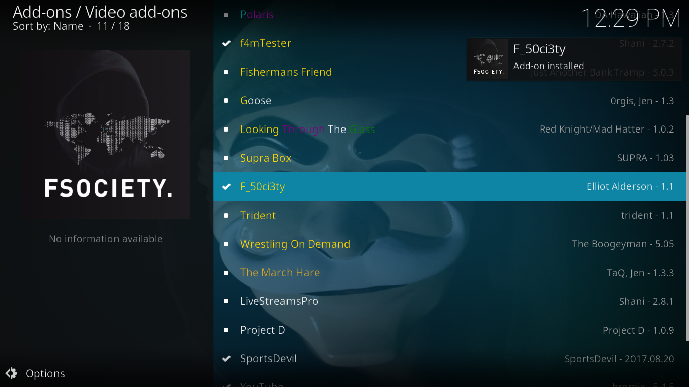 Alat tambah F_50ci3ty (Fsociety) untuk Kodi — Pemasangan dan Ciri