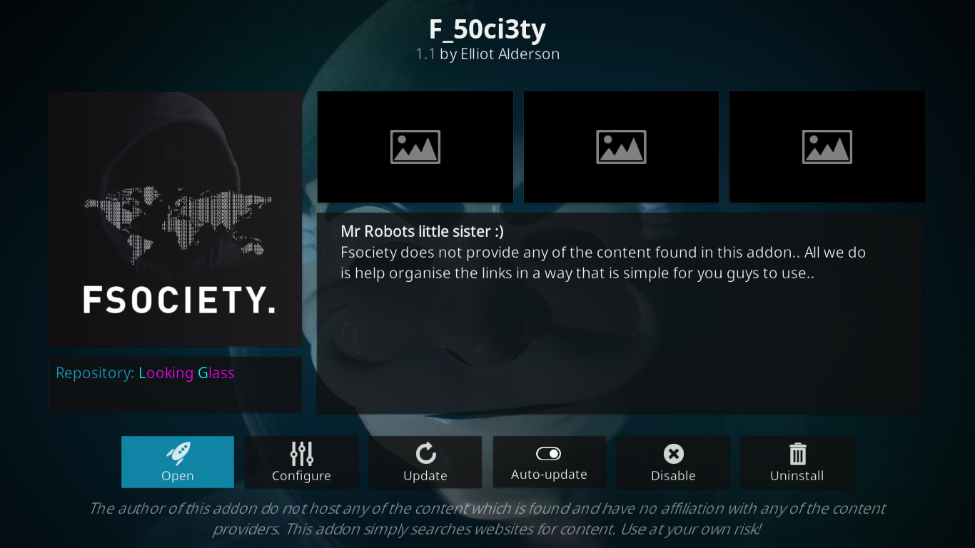 Alat tambah F_50ci3ty (Fsociety) untuk Kodi — Pemasangan dan Ciri