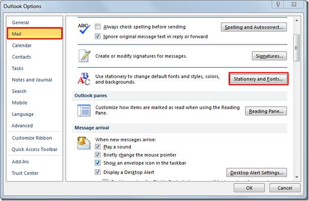 Alterar as configurações de fonte e tema de e-mail padrão no Outlook 2010