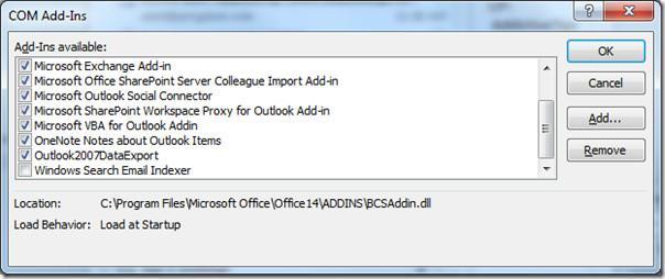 ตัวจัดการ Add-In ของ Office Outlook 2010