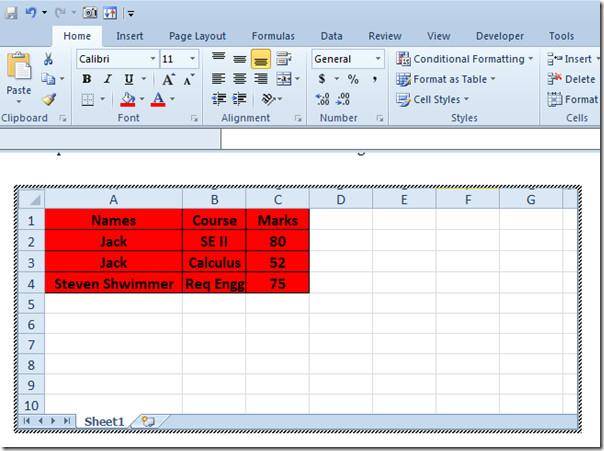 Word 2010 文書に Excel スプレッドシートを追加して埋め込む