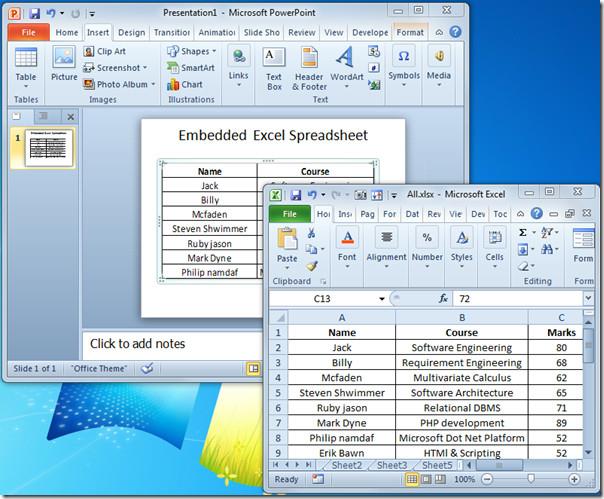 在 PowerPoint 2010 中嵌入 Excel 電子表格