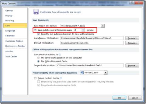 Word 2010: modifica dellintervallo di tempo del salvataggio automatico