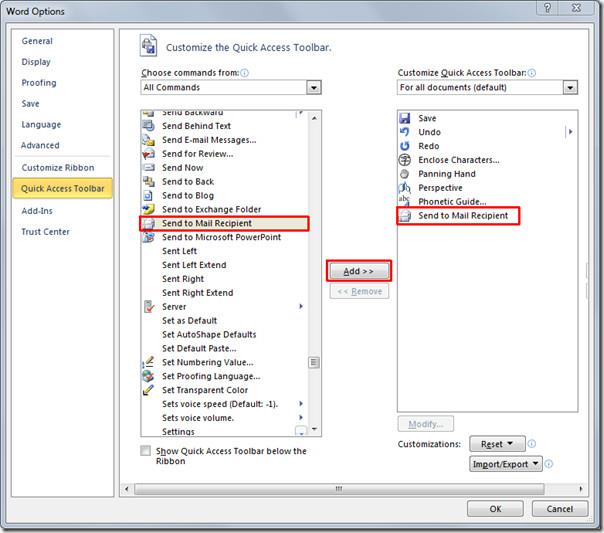 إرسال مستند Word 2010 مباشرةً إلى مستلم البريد عبر Outlook 2010
