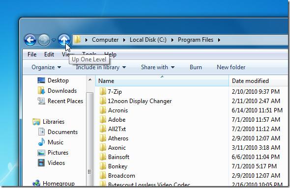 Windows 7 エクスプローラーに「1 つ上のレベルへ」または「クリックして戻る」ボタンを追加する
