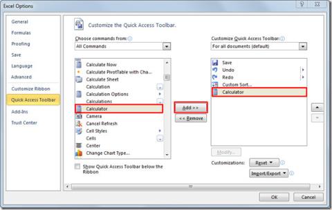 Aggiungi calcolatrice in Excel 2010