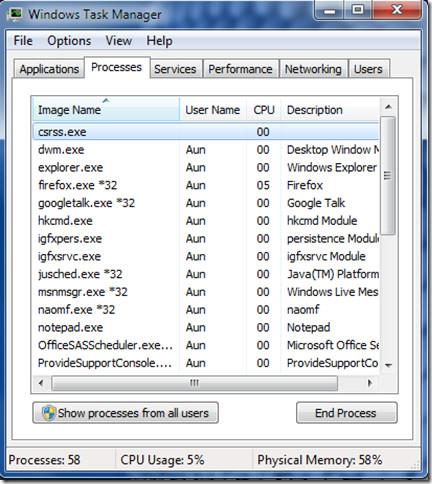 Windows 7 タスク マネージャーのショートカット キー