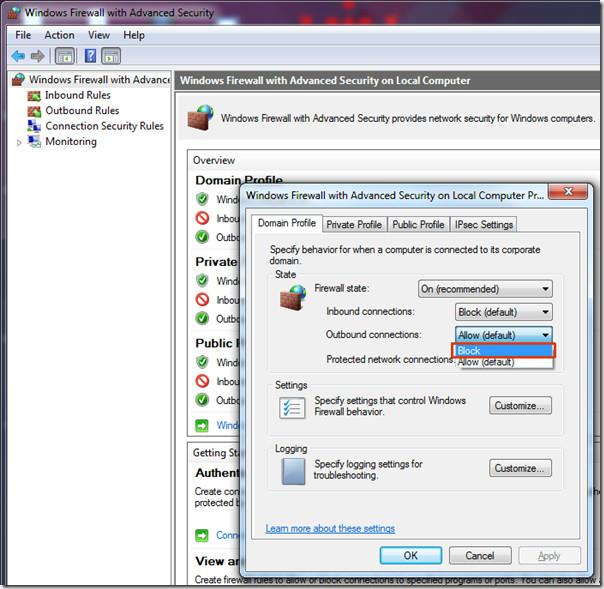 Windows 7 ファイアウォールの送信保護
