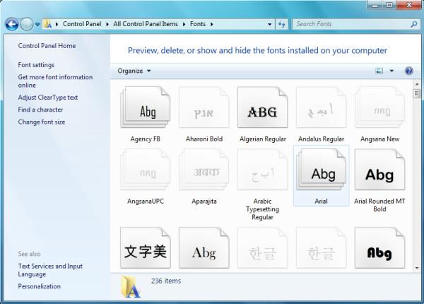 Windows 7のフォントマネージャーの探索