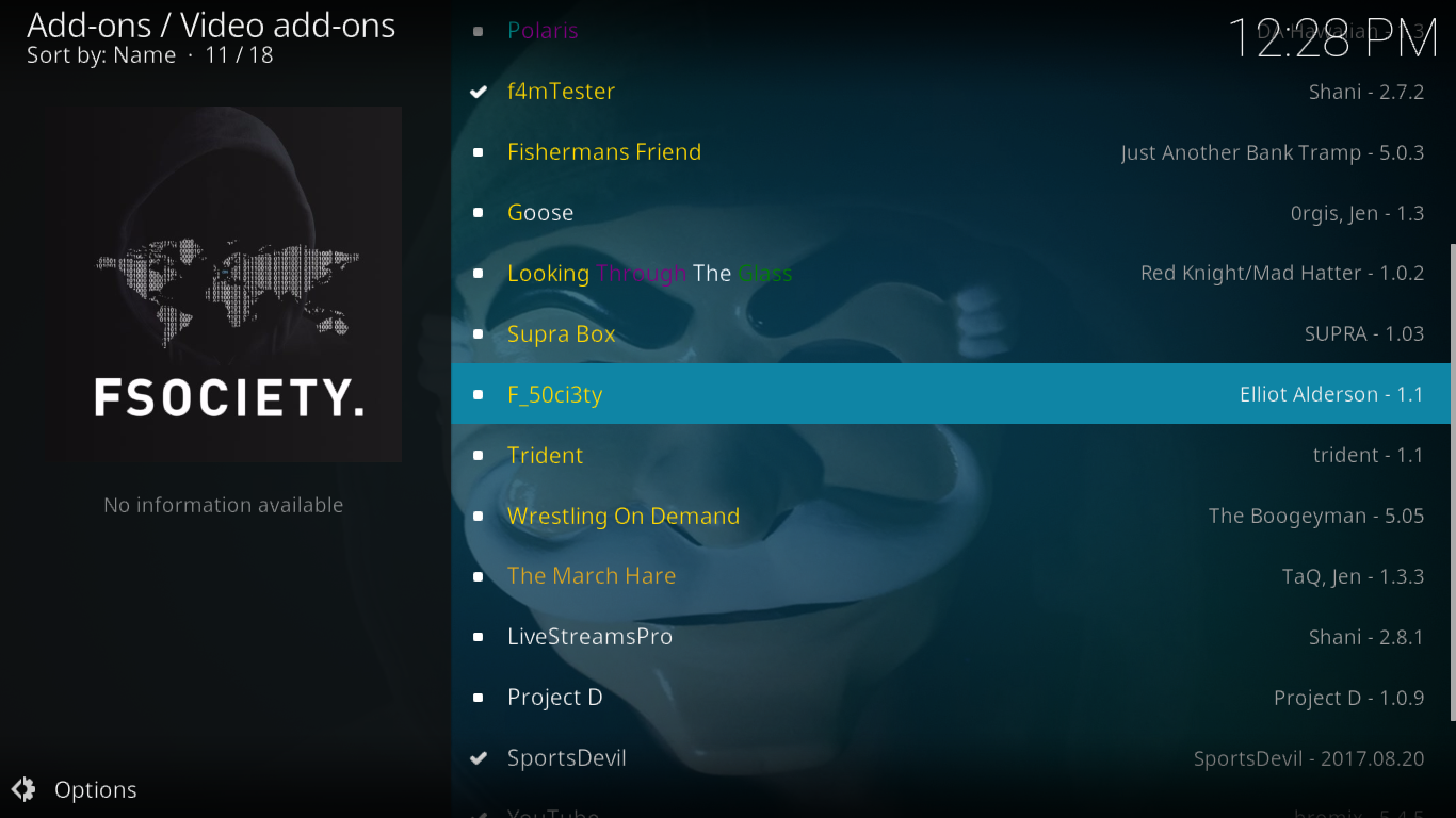 Alat tambah F_50ci3ty (Fsociety) untuk Kodi — Pemasangan dan Ciri