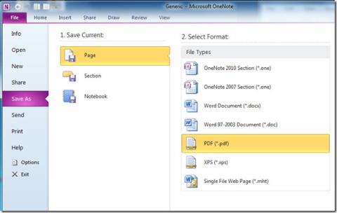 OneNote 2010 ノートブックを Doc、Docx、PDF 形式で保存する