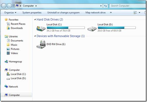 Windows 7: Otwórz Eksploratora Windows jako Mój komputer (Widok dysku)