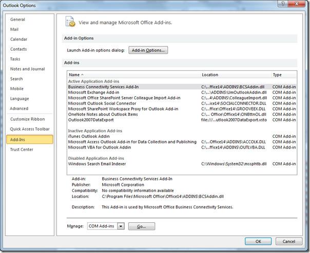 ตัวจัดการ Add-In ของ Office Outlook 2010