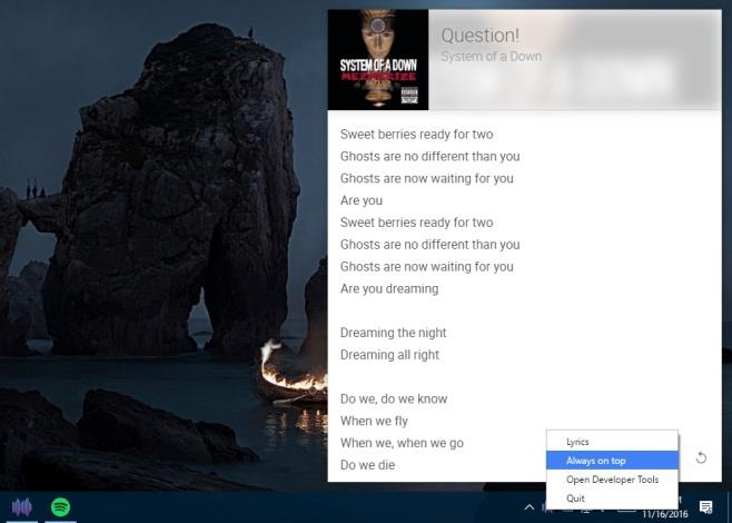 Jak wyświetlić tekst utworu w oknie pływającym dla bieżącego utworu na Spotify Jak wyświetlić tekst utworu w oknie pływającym dla bieżącego utworu na Spotify