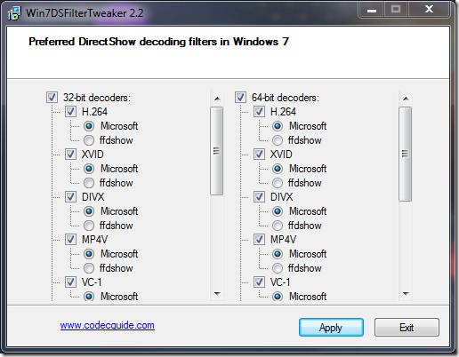 Windows 7 Filter Tweaker: فك تشفير Media Player DirectShow