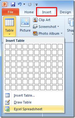 在 PowerPoint 2010 中嵌入 Excel 電子表格