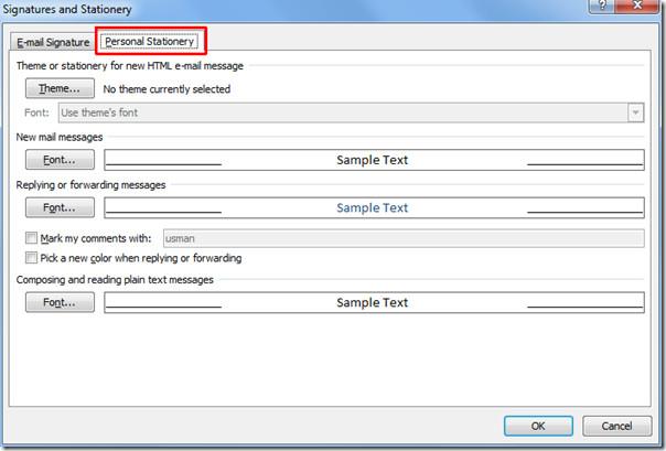 Alterar as configurações de fonte e tema de e-mail padrão no Outlook 2010