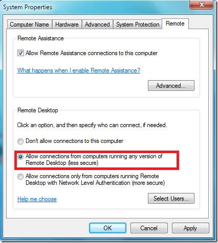 Windows 7でリモートデスクトップ接続を使用する