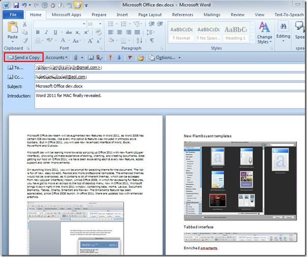 إرسال مستند Word 2010 مباشرةً إلى مستلم البريد عبر Outlook 2010