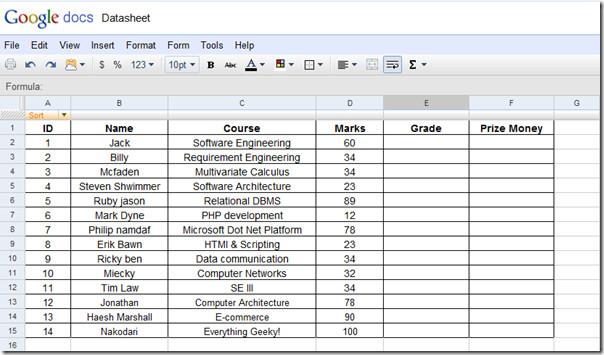 Fórmulas y funciones de Google Docs en hojas de cálculo