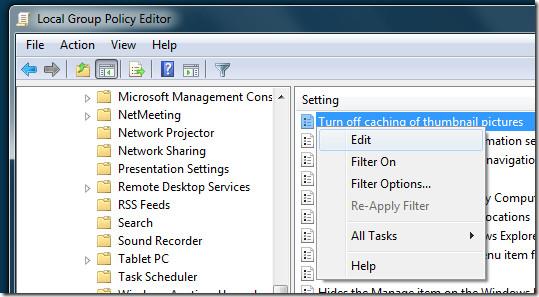 Windows 7でサムネイル画像のキャッシュをオフにする