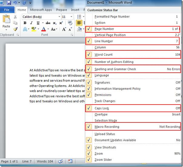 Hinzufügen von Informationen in der Statusleiste von Word 2010